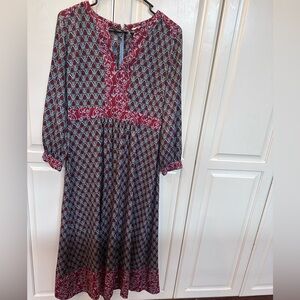 LOFT Red and Black Patterned Long Sleeve Dress